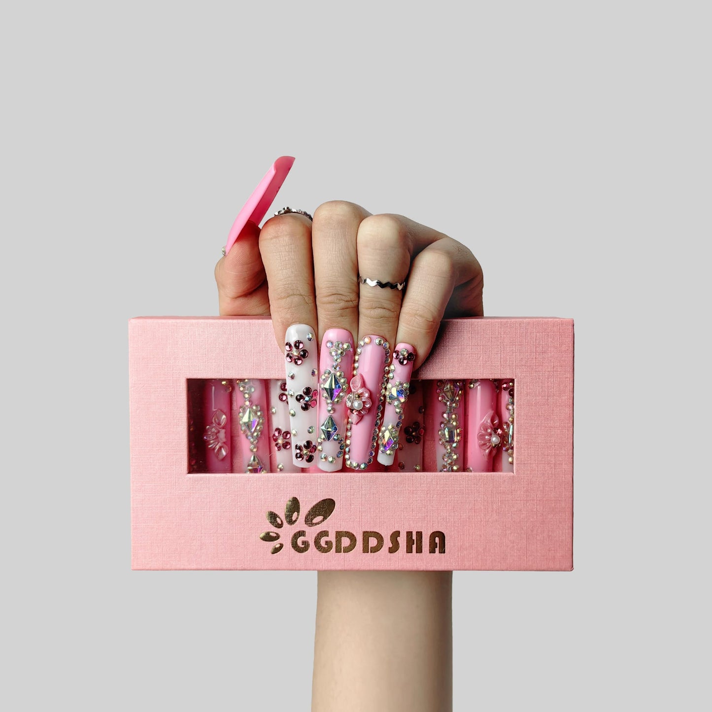GGddsha 2025 Long Novel Design And Reusable Handmade Nails 10PCS Pmma Acrylic Nails Press OnNails Kit With Box Gifts For Women,Rose Bloom