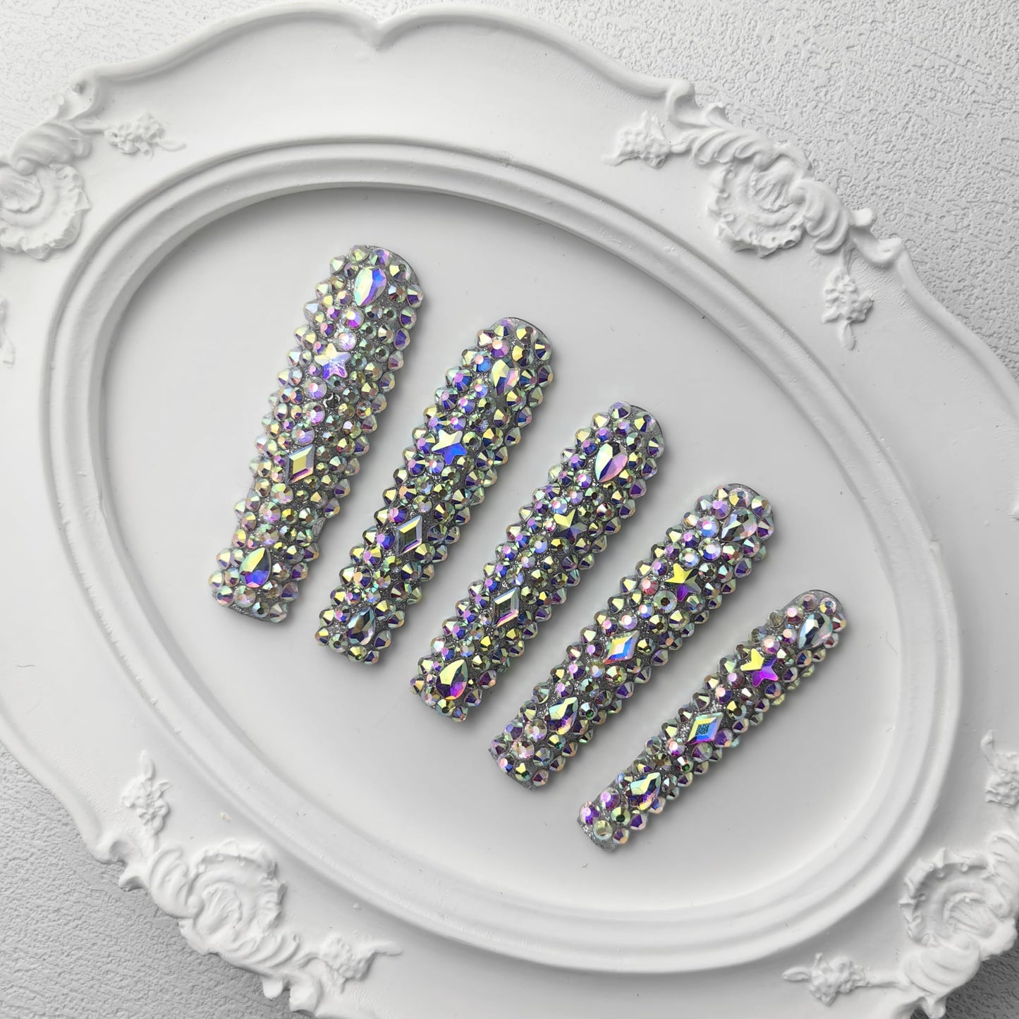 GGddsha 2025 Long Novel Design And Reusable PMMAAcrylic Press On Nails Handmade Nails Full CoverLuxurious 3D Crystal False Nails With Box Gifts,Stellar Shine