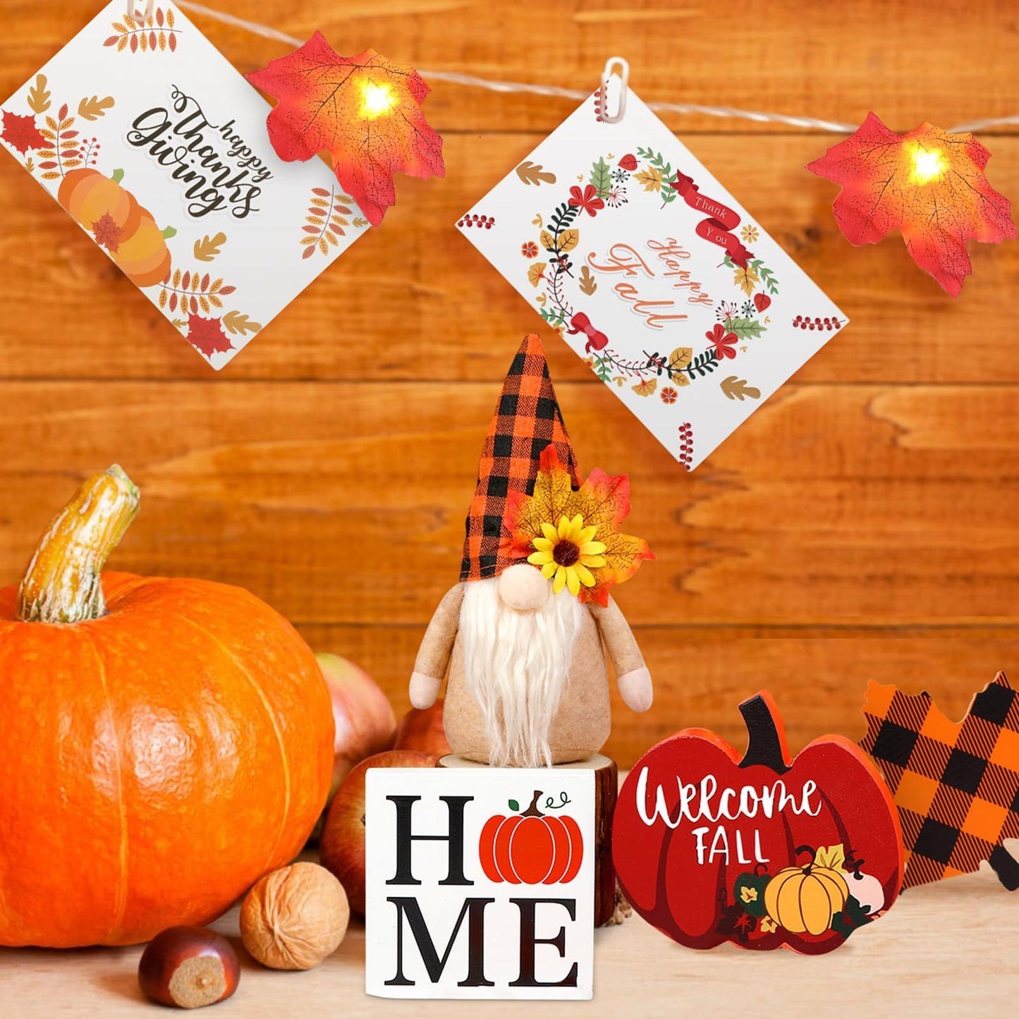 Fall Gnome Tiered Tray Decorations Set Farmhouse Pumpkin Decor Autumn Maple Leaf Table Centerpieces With Fall String Lights Thankgiving Day Fall Greeting Card Autumn Harvest Decorations