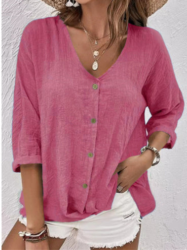 V-neck Long-sleeved T-shirt Fashion Solid Color Button Top Casual Loose Clothing For Women
