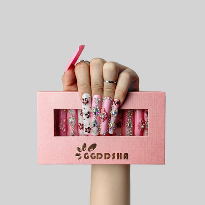 GGddsha 2025 Long Novel Design And Reusable Handmade Nails 10PCS Pmma Acrylic Nails Press OnNails Kit With Box Gifts For Women,Rose Bloom