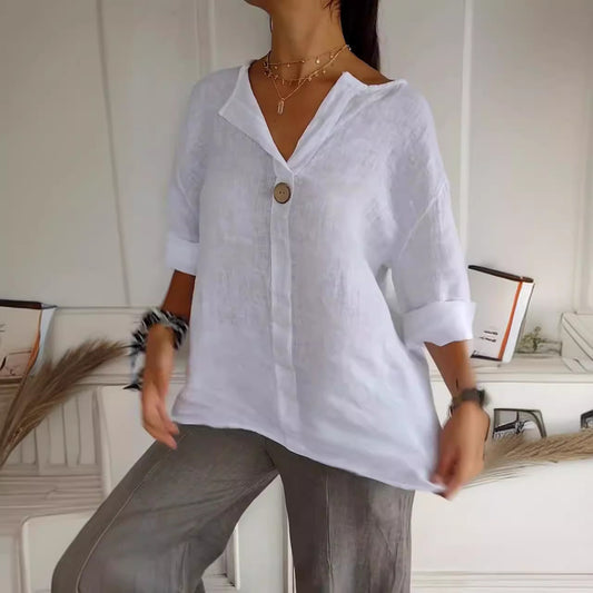 V-neck Long-sleeved T-shirt Fashion Loose Cotton And Linen Button Tops For Women