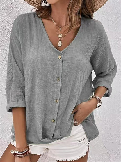 V-neck Long-sleeved T-shirt Fashion Solid Color Button Top Casual Loose Clothing For Women