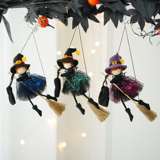 Halloween Ghost Festival Witch Angel Holding Broom Gauze Skirt Pendant Ornament